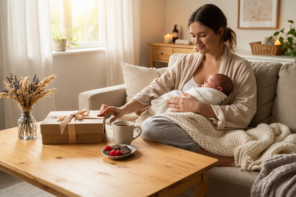 jeune maman avec son bébé ouvrant un coffret cadeau